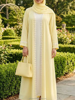 Abaya personnalisée OEM élégante et respirante en 100 % polyester avec broderie florale marguerite, robe islamique décontractée longue et modeste à devant ouvert pour femme