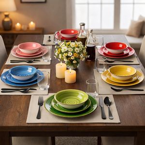 Colorful Round Ceramic <b>Dinnerware</b> <b>Set</b> 18 Pc For 6 People Soup Dinner Dessert Plates - Product Image 6