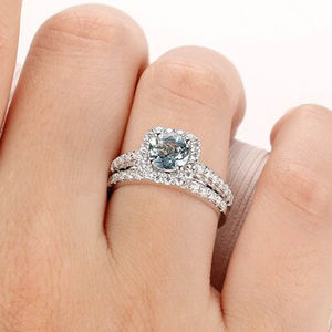 Ensemble de bagues de fiançailles et de mariage pour femmes, design tendance, bijoux en argent 925, aquamarine naturelle ronde, halo CZ, cadeau d'anniversaire - Product Image 5