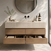 Meuble-lavabo mural Tostone de luxe en pierre calcaire beige, avec plateau cannelé, unité complète, style minimaliste, en marbre flottant et armoire en bois