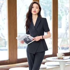 Professional Suit Set For Women Short Sleeve Gray Stripe Hotel Work Uniform Summer 2025 Polyester Cotton - Product Image 3