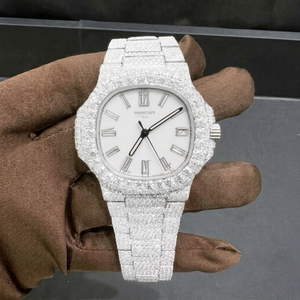 Montre unisexe Hip Hop en acier inoxydable avec cadran en verre, bracelet à fermoir, sertie de moissanite VVS1 en or blanc, résistante à l'eau 10 bars - Product Image 1