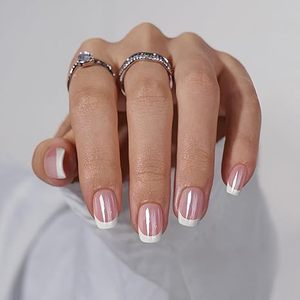 Uñas Postizas Cortas con Punta Francesa Blanca, Uñas Postizas Cuadradas con Acabado Cromado, Uñas Adhesivas - Product Image 5