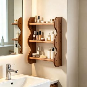 Solid Wood <b>Wall</b> Mounted Storage <b>Rack</b> 3 Tier Wave Shape Floating Shelf For Kitchen <b>Spice</b> Display - Product Image 4