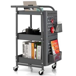 Space Saving Sliding Utility Cart With Removable Hook And Organize Bins Storage 3 Tier Metal On Wheels Pegboard Trolley For Home
