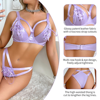 Ensemble de lingerie sexy pour femme en cuir transparent violet ajouré, respirant et écologique, vente en gros
