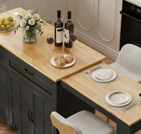 Table de salle à manger extensible noire avec îlot de cuisine, 2 tiroirs, 3 armoires, roulettes verrouillables, étagères latérales et crochets