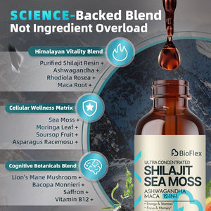 BioFlex Private Logo 12-in-1 Shilajit vloeibare druppels met zeewier, <span class=keywords><strong>Ashwagandha</strong></span> & 85+ sporenelementen Fulvinezuur voor mannen en vrouwen - Product Image 5