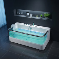 Bañera de Hidromasaje Acrílica con Cascada, Frente de Vidrio, Cromoterapia LED, Hidroterapia, Spa con Jets, Montada en la Pared, 150x85x58cm