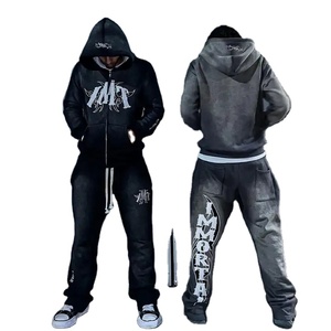 カスタムストリートウェアスウェットスーツフレアジョガーセットヒップポップスウェットパンツとビンテージ酸ウォッシュジップアップパーカーセット男性用 - Product Image 1