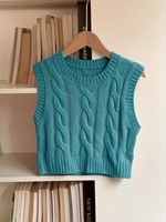 Maßgefertigte Damen-Strickweste in Blaugrün, Ärmellos mit Rundhalsausschnitt, Preppy Crop-Top, Grobstrick-Weste, Ärmellos, Kurz Geschnitten