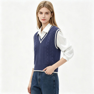 Gilet en tricot sans manches à col en V pour femme, style preppy, couleur unie, vêtement d'automne, 100% acrylique, anti-boulochage - Product Image 1
