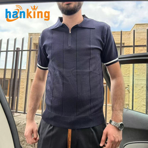 Ehanking hombres verano sólido acanalado tejido transpirable hielo seda para camisa Casual manga corta Golf solapa ropa teñida - Product Image 5