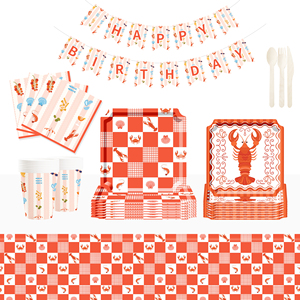 จานกระดาษลายกุ้งมังกรแดง DAMAI รูปทรงสี่เหลี่ยม แบ่งช่องเล็กๆ สำหรับอาหารทะเล พร้อมถ้วยและผ้าเช็ดปาก - Product Image 1