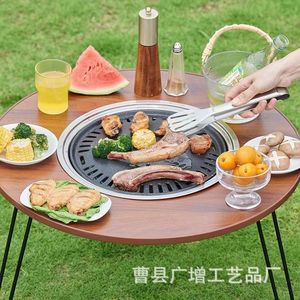 <b>Outdoor</b> Folding Fire Pit <b>Table</b> Solid Wood Portable Charcoal <b>BBQ</b> Round <b>Table</b> For Camping Picnic Courtyard Use - Product Image 3