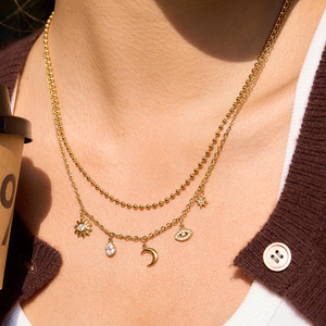 Collier multicouche en zircon œil de lune doré pour femme, design géométrique, serti clos, idéal pour le quotidien, cadeau - Product Image 3