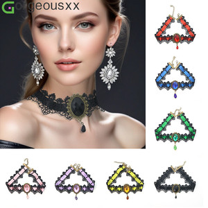 [Gorgeousxx] Gargantilla <span class=keywords><strong>de</strong></span> encaje para mujer con gemas rojas, joyería gótica para fiesta <span class=keywords><strong>de</strong></span> Halloween - Product Image 1