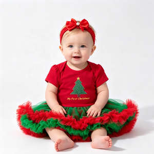 Set di 2 Pezzi per Bambine, Vestito Natalizio da Festa, Abito Principessa in Rete Rosso e Verde con Testa di Babbo Natale per Neonata - Product Image 4