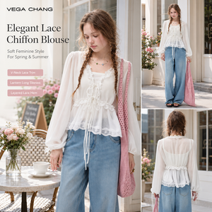 Blusa Blanca <span class=keywords><strong>de</strong></span> Gasa VEGA CHANG para <span class=keywords><strong>Mujer</strong></span> con Encaje, Cintura con Lazo y Mangas Abullonadas, Estilo Bohemio Dulce - Product Image 1