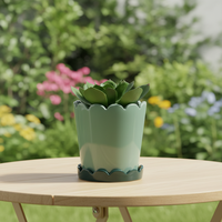 Pot Bunga Keramik Berlapis Kustom dengan Nampan dan Lubang Drainase, Planter Taman Luar Ruangan Modern