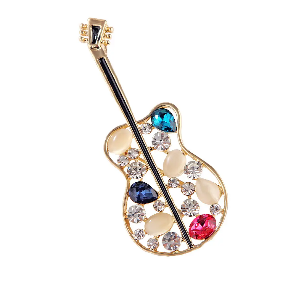 Go Party creativo colorido cristal Rhinestone violín broche Aleación de Metal instrumento Musical guitarra broches alfileres para mujeres niñas