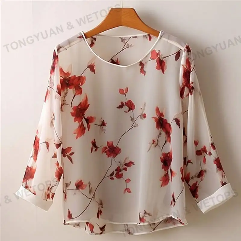 Oversized Shirt Womens Plus Size Clothing Chic Tops Floral Print Hollow Out Ivory Combo Chiffon Women Tops Blouse