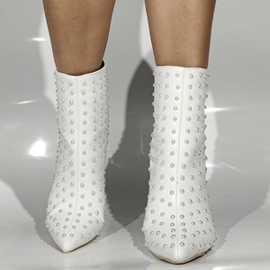 Wedding Styles Women Stiletto Thin Heels Short <b>Boots</b> Big Size 47 Full Pearls Back Zipper Shoes Wide Fit Ankle White Booties - Product Image 4