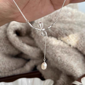 S925 Sterling Silver <b>Bow</b> Necklace With Pearl Pendant For Women <b>Gift</b> Jewelry - Product Image 3