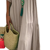 Robe longue décontractée en coton et lin pour femme, col en V, manches courtes, coupe ample et fluide à volants