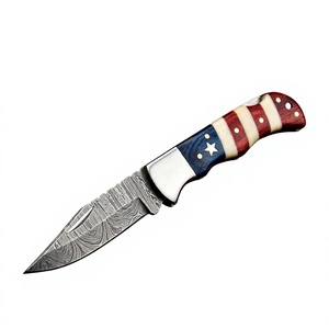 Cuchillo de caza de acero de Damasco con mango con bandera estadounidense, hoja recta de 0.6 mm de grosor, herramienta de supervivencia. - Product Image 1