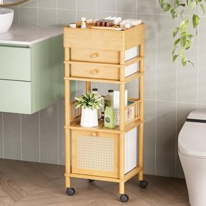 Chariot de rangement en bambou à 5 niveaux avec tiroirs et roulettes pour salle de bain, salon, chambre à coucher, étagère d'organisation multi-usages - Product Image 1