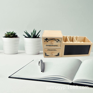 Wooden Desktop <b>Storage</b> <b>Box</b> With <b>Drawers</b> And Chalkboard Office Stationery Organizer Rectangle 23x7x9.5cm Standing Type - Product Image 1