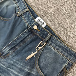 Jeans de marque de créateur 2026 pour hommes, décontractés, taille mi-haute, patchwork brodé, denim <span class=keywords><strong>bleu</strong></span> classique, coupe droite, OEM - Product Image 4