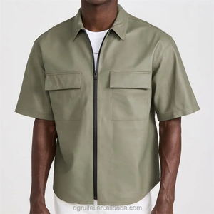Modern Custom logo Short Sleeve Drop Shoulder Chest Pockets Hip Hop Men <strong>Cowboys</strong> Plus Size Shirts Zip up Plain Faux Leather Shirt - Product Image 1