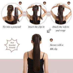 Clip en la extensión <span class=keywords><strong>de</strong></span> la cola <span class=keywords><strong>de</strong></span> caballo Wrap Around Long Straight <span class=keywords><strong>Pony</strong></span> Tail Hair Hairpiece Cabello humano real para mujer - Product Image 5