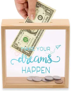 वयस्कों के लिए सूअर का बच्चा बैंकों सजावटी Plexiglass पर छाया बॉक्स लकड़ी के फ्रेम सिक्का पैसे मुद्रित सामने-अपने सपने होगा