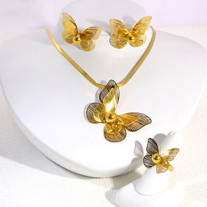 JUSNOVA 18k vergulde vlinder sieradenset voor dames, statement ketting, oorbellen, ring, kwast, feestaccessoires, groothandel - Product Image 3