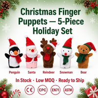 Ensemble de marionnettes à doigts de Noël en peluche (Père Noël, Renne, Bonhomme de neige, Pingouin, Ours) pour le récit d'histoires de Noël et comme cadeau de Noël, en stock