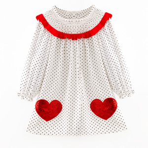 Versandfertig Auf Lager Mädchen Kinder Frühling Valentinstag Polka Dots Rote Pailletten Herz Langarm Partykleid - Product Image 2