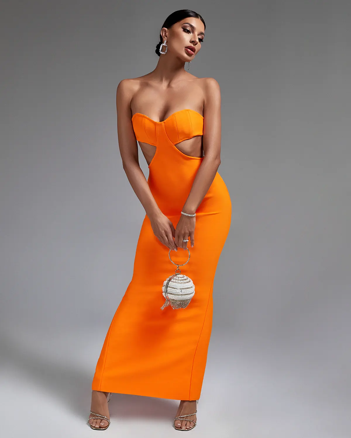 Oc strade Bekleidungs hersteller Benutzer definierte Abendkleider Aus geschnitten Tube Top Maxi kleid Ärmellose Orange Bandage Kleider Für Frauen
