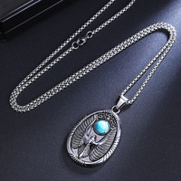 Nouveau collier pendentif rond en acier inoxydable style européen rétro, motif aigle turquoise, tendance hip-hop