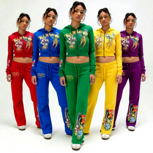 Ensemble survêtement baggy pour femme 2026 Y2K vintage avec sweat à capuche court zippé et pantalon de jogging large à motif tatouage - Product Image 1