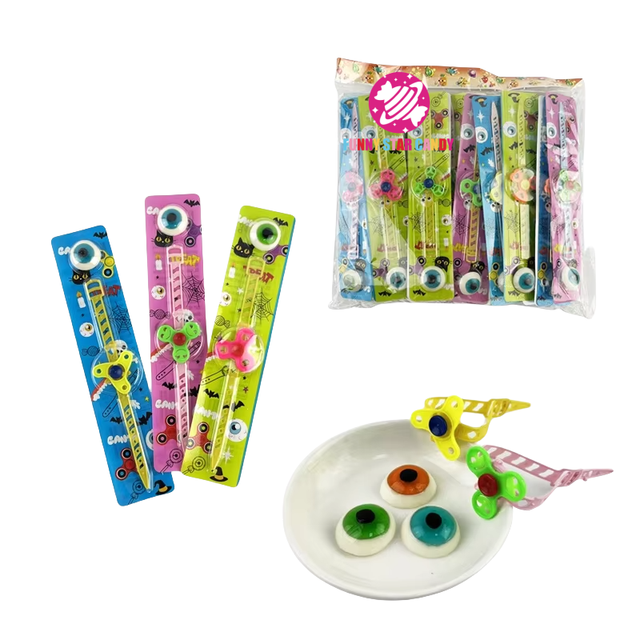 New Halloween Import Private Label Eyeball Shape Jelly Gummy Candy Cartoon Colorful Gyroscopic Watch Toy Candy for Kids