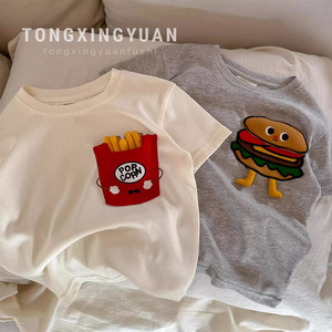 Children's Short Sleeve T-Shirt Off White Gray 3D Fries Burger Cartoon Print Cotton Knitted Summer Wear For Toddlers - Product Image 5