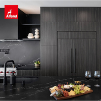 Armoire de cuisine Alland européenne moderne de luxe en bois, prête à l'emploi, avec porte coulissante sans poignée noir mat et îlot central pour projet de villa