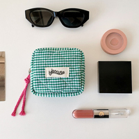 Sacs cosmétiques en tissu de coton écologique à carreaux miniatures avec logo personnalisé, fermeture éclair, sacs portables pour écouteurs, porte-monnaie mignon