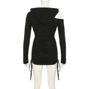 Autunno spalla fredda <span class=keywords><strong>felpa</strong></span> Mini abito da Club per le donne 2024 con cappuccio abito corto arricciato - Product Image 6