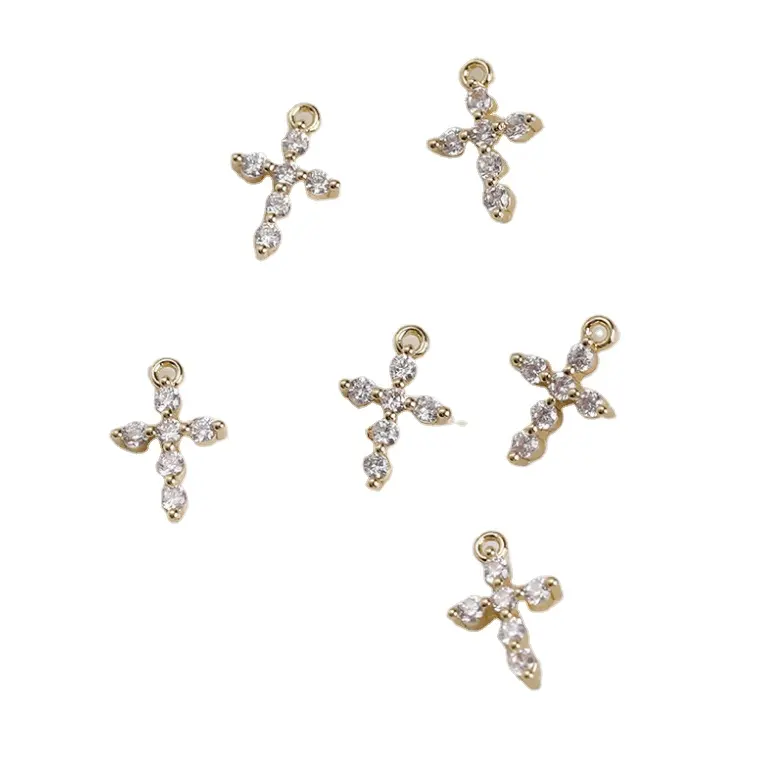 High quality mini brass 14k gold zircon crystal small cross pendant bulk