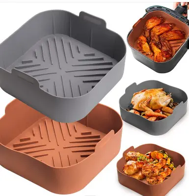 Vierkante Siliconen Lucht Friteuse Potten 21Cm Herbruikbare Lucht Friteuse Pot Lade Hittebestendig Voedsel Bakken Voor Airfryer Oven Accessoires