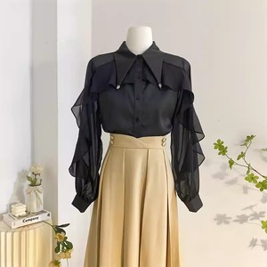 S-XL उच्च अंत की स्टड लैपल शैली सैटिन शर्ट लंबी आस्तीन शिफॉन रूफल्ड शीर्ष - Product Image 3